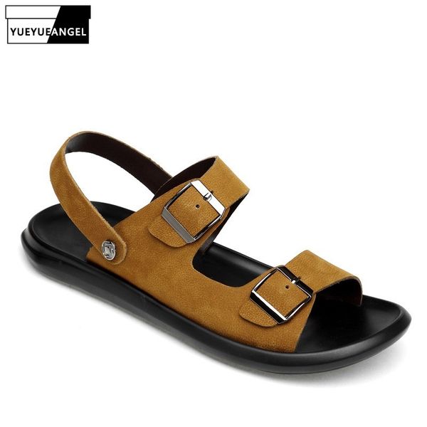 

leather men shoes summer new slip on casual sandals fashion buckle beach sandals men slippers yellow black plus size 37-45