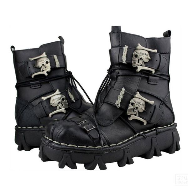 

motorcycle boots cowhide genuine leather botas moto skull punk martin motorcycle shoes steampunk mid-calf shoes protective 38-49