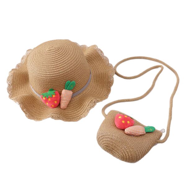 

2 pcs set kids girls straw woven sun protection beach hat summer cute bucket cap portable handbag, Yellow