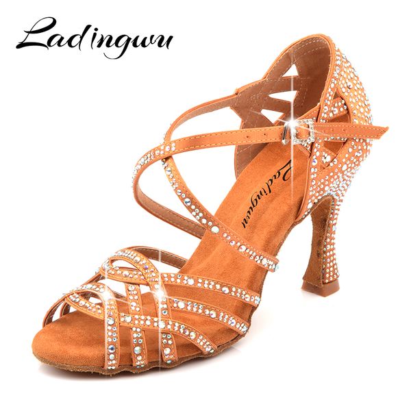 

ladingwu silk satin apricot and bronze latin dance shoes champagne color rhinestone salsa dancing shoes woman zapatos de mujer