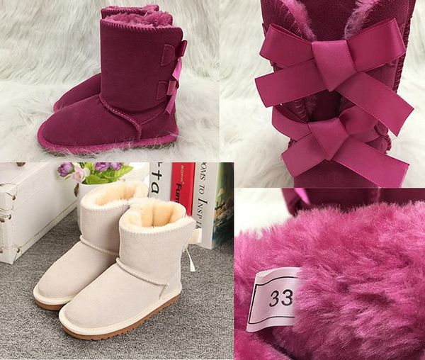 

new australia snow boots girls style kids cute button waterproof slip-on children winter cow leather boots luxury designer shoes eur 21-35, Black