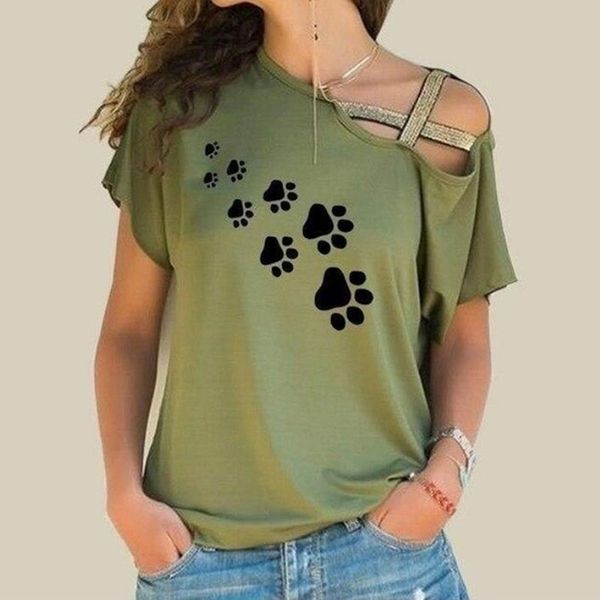

2019 new european and american explosion models sleek minimalist round neck dog footprints printed short-sleeved bat t-shirt, White