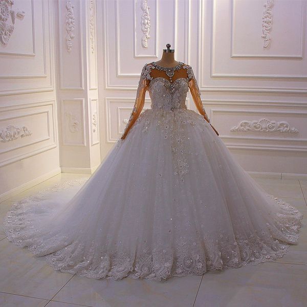 

2020 new said mhamad sexy jewel neck бальное платье свадебные платья сексуальные кружева с длинными рукавами аппликации корсет назад принцес, White
