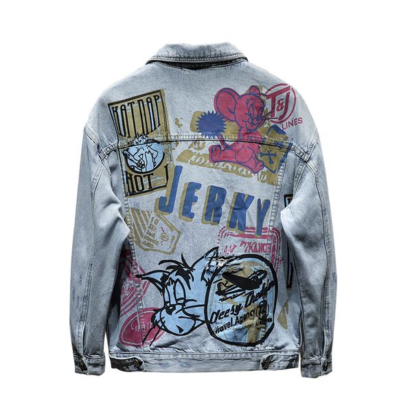 

hand painted graffiti hip hop denim jacket men hole streetwear oversized harajuku blue jeans jacket fashion denim jacket outwear, Black;brown
