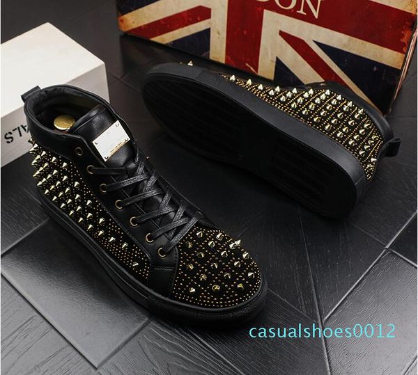 

new men luxury rivets sneakers spikes men shoes high punk men casual shoes sheet metal platform shoes ankle 12c, Black