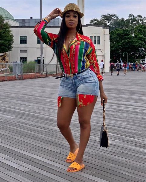 

designer shirts fashoin lapel neck long sleeve rainbow printed shirts women luxury blouse striped printed womens, White