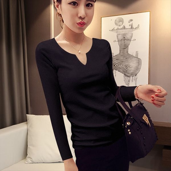 

white tight t- women's long-sleeved v-neck slim versatile autumn base white tight t-shirt women's long-sleeved v-neck slim versati