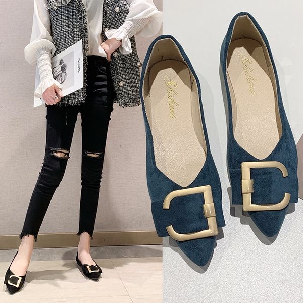 

2020 spring women flats black pointed toe ballet flats metal boat shoes woman flock casual shoes female loafers blue khaki 7952c