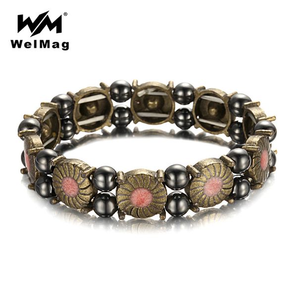 

welmag dropshipping 2019 vintage bracelets female healing black hematite bracelets & bangles dark gold copper jewelry for women, Golden;silver