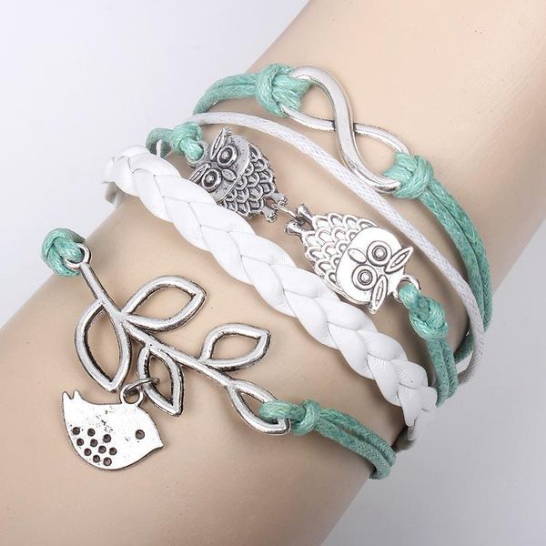 

20pcs infinity, owls & lucky branch leaf and lovely bird charm bracelet in silver - mint green wax cords and leather braid, Golden;silver