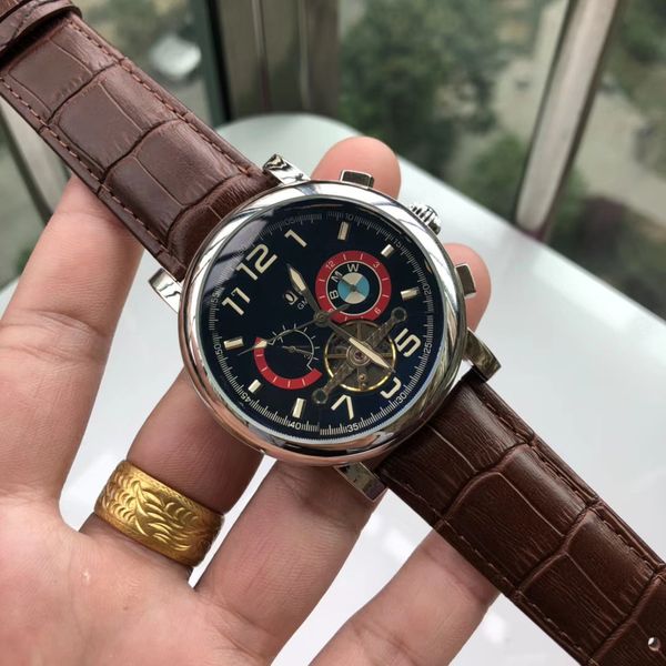 

2019 new 5+pin large flywheel real leather watchband automatic mechanical movement imported diamond film crystal mirror men's watch, Slivery;brown
