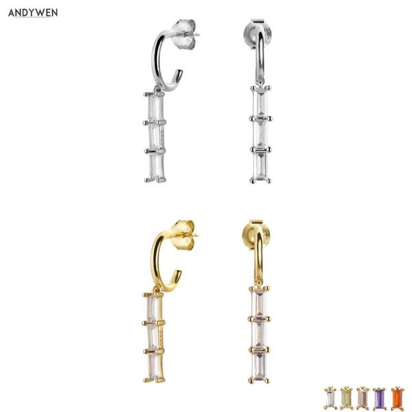 

andywen 925 sterling silver white cz drop earring crystal zircon rainbow piercing women piercing rock punk jewelry, Golden;silver