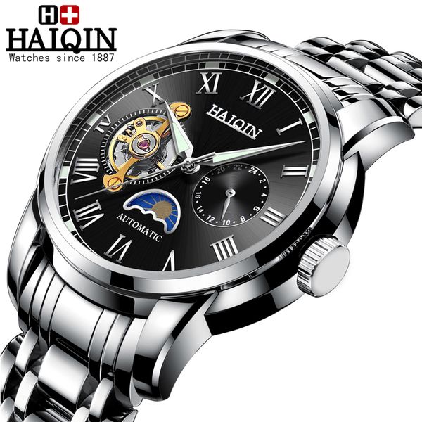 

haiqin автоматические механические часы спортивные часы мода повседневная ремешок из нержавеющей стали наручные часы мужчины relogio masculi, Slivery;brown