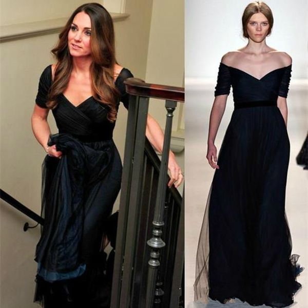 

zuhair murad dress jenny packham kate middleton navy blue chiffon evening formal dresses short sleeves red carpet celebrity prom party gowns, Black;red