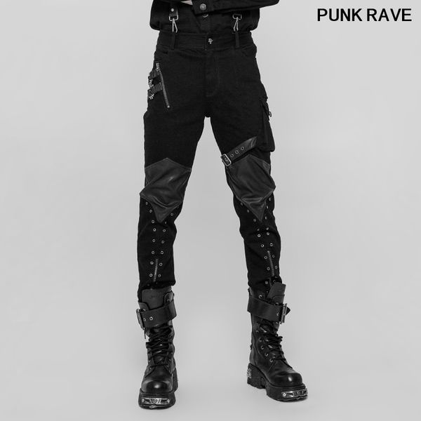 

gothic fashion heavy metal personality streetwear men pants punk rock motorcycle leather hip hop trousers punk rave wk-338xcm, Black