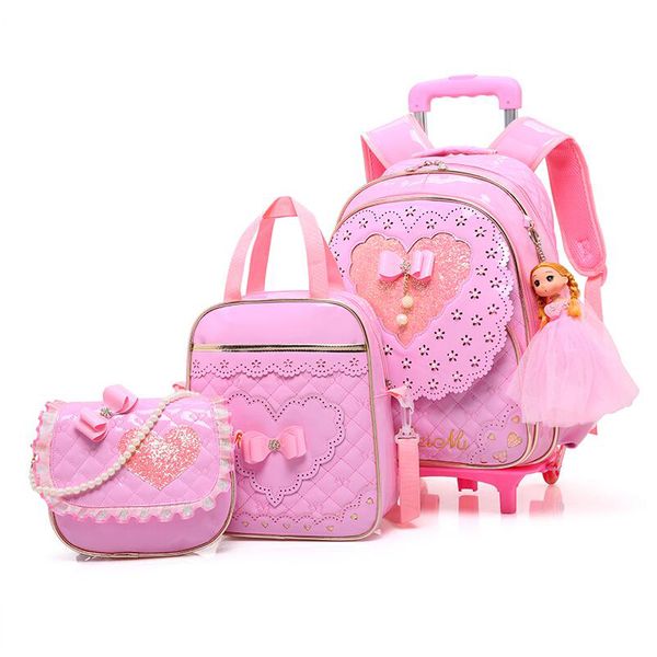 

5pcs sets children three wheel trolley school bag girl series bag waterproof pu kid backpack orthopedic school bags for teenager