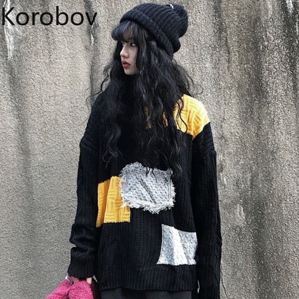 

women's sweaters korobov autumn winter women korean streetwear long sleeve hit color patchwork sueter mujer harajuku knitwear 79444, White;black