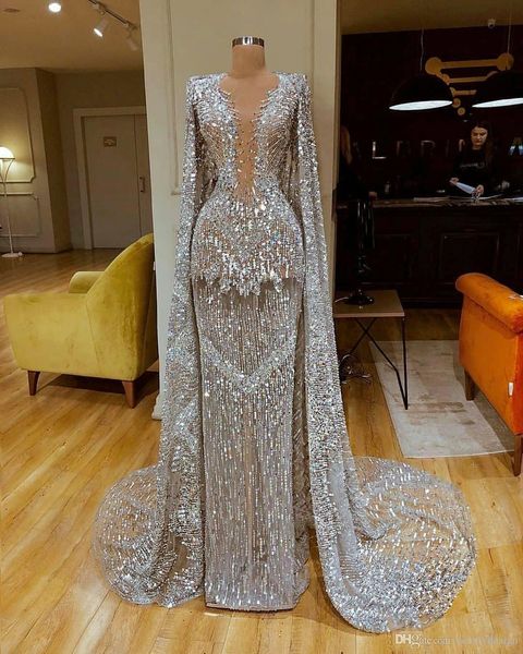 

Sparkly Полный Sequined Длинные рукава Русалка Вечерние платья с Платки Luxury Silver Sequined Пром платье Формальная партии Pageant платье