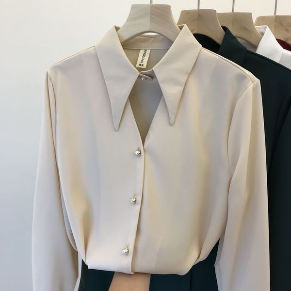 

2020 spring korean style long sleeve lapel silk chiffon shirt women's temperament beaded blouse shirts office ladies blusa, White