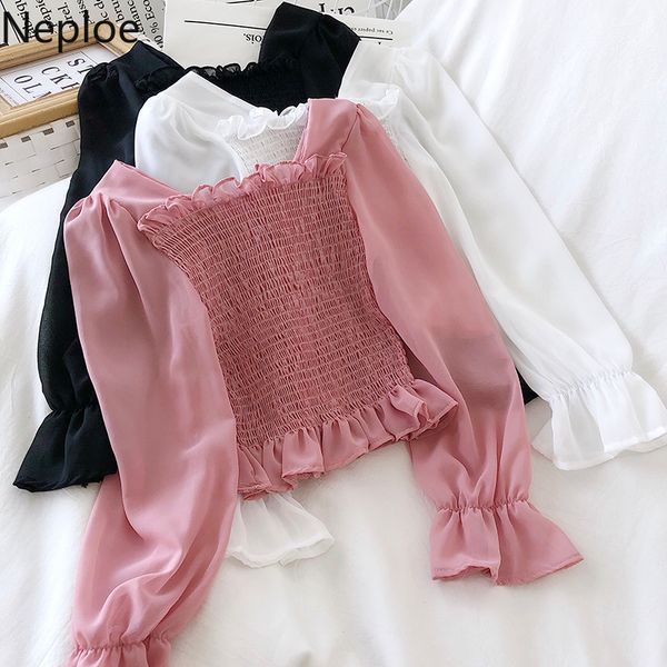 

women's blouses & shirts neploe women square collar long sleeve 2021 spring korean chiffon blouse pleated stretch slim short ruffle blu, White