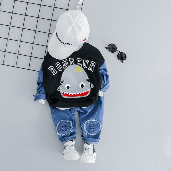 

дети baby boy denim set 1 2 3 4 лет симпатичный мультфильм акула печать топ и джинсы 2pcs 2019 мода kid мальчик мальчики одежда, White