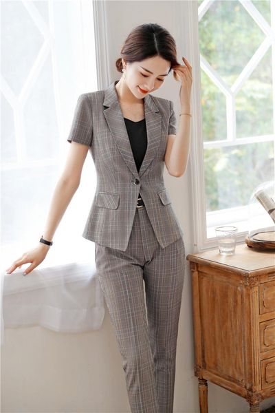 

fashion plaid uniform styles blazers women business suits with and pants 2019 summer ladies pants suits trousers sets, White;black