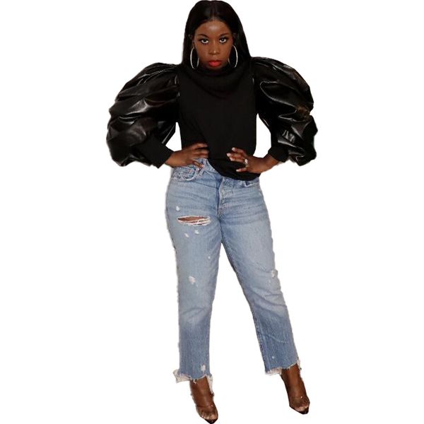 

black t girls sleeves puffy long casual pu body shirt slim fashionable women o neck patchwork tees ruched party moawq