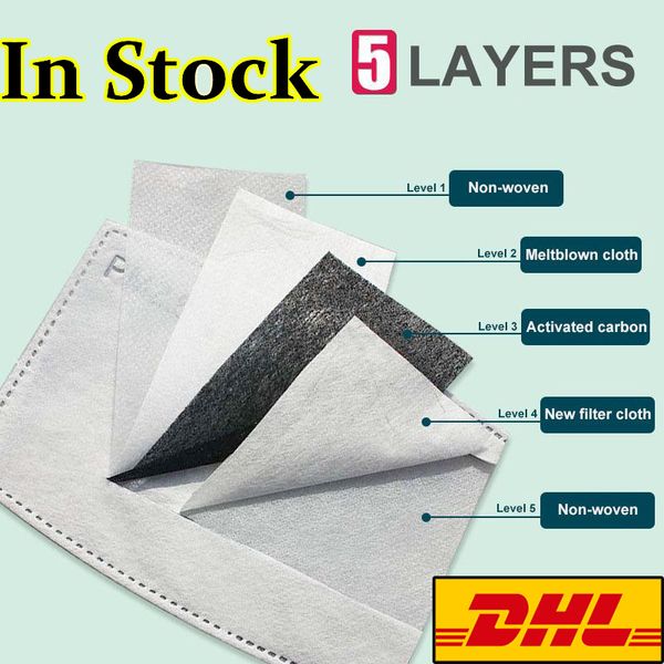 

in stock dhl fast shipping 100pcs air purifying 5 layer filtered activated carbon face mask filter pad anti-dust pm 2.5 mask pad