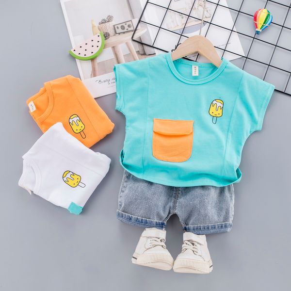 

baby boys summer clothes newborn children clothing sets for boy short sleeve shirts + jeans cool denim shorts suit, White