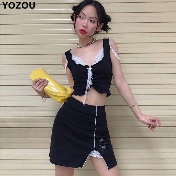 

harajuku vintage retro old school lace up bandage crop mini skirt women set cropped tank short split skirts black pink 90s, White