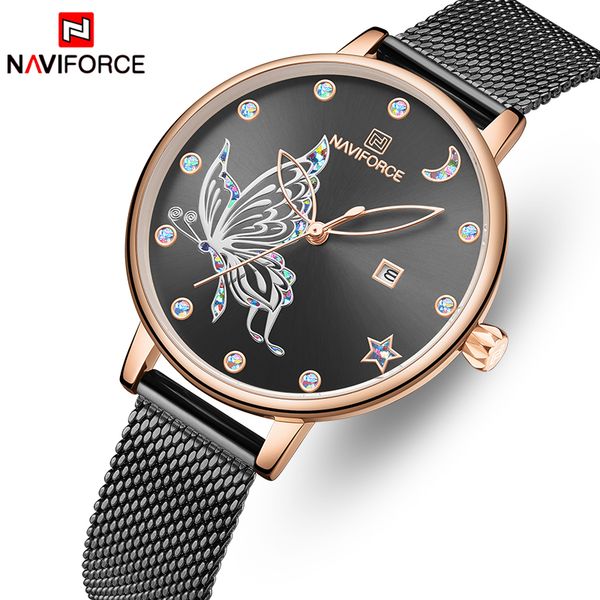 

2019naviforce rose gold watch ladies brand stainless steel mesh ladies watch fashion quartz black gold color dress cl, Slivery;brown
