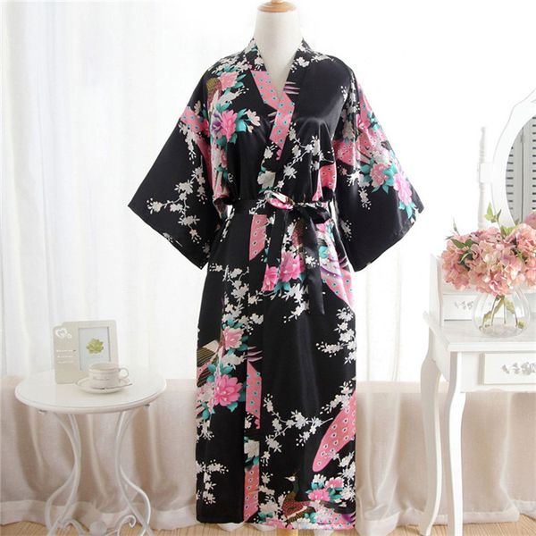 

women print blossom kimono long gown bath robe lingerie nightdress women summer comfortable lingerie nightgown#15s, Black;red