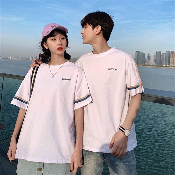 

short-sleeved students t-shirt couple outfit all-match cotton cartoon half-sleeved t-shirt men's and women's couples, White