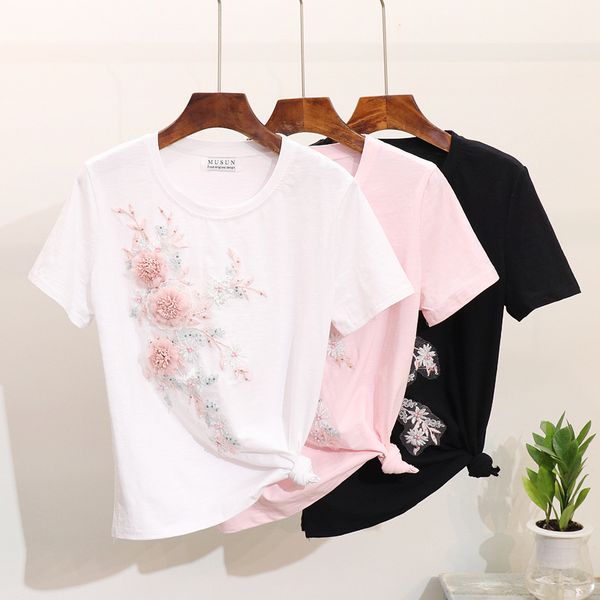 

2019 new summer women beaded sequined 3d flower short sleeved all-match tees students basic blusas, White