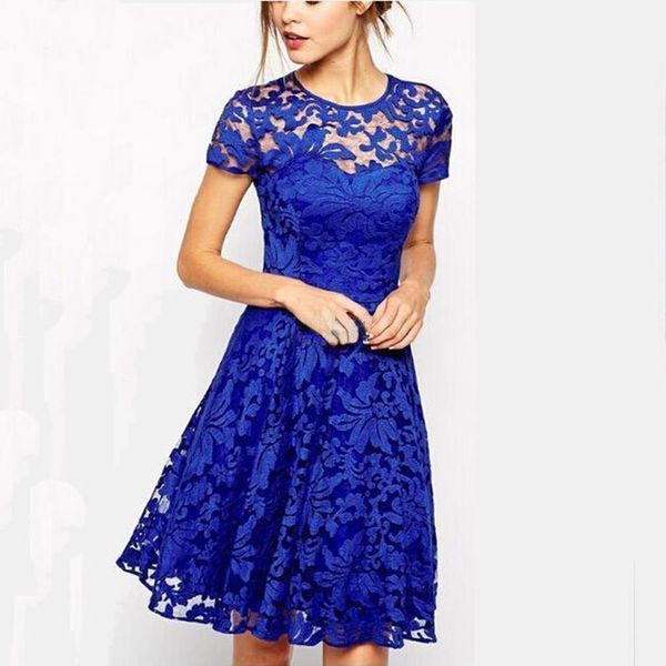

summer o-neck party dress femaleelegant a-line bridesmaid short sleeves flower hollow mesh embroidery knee-lengthen lace, Black;gray