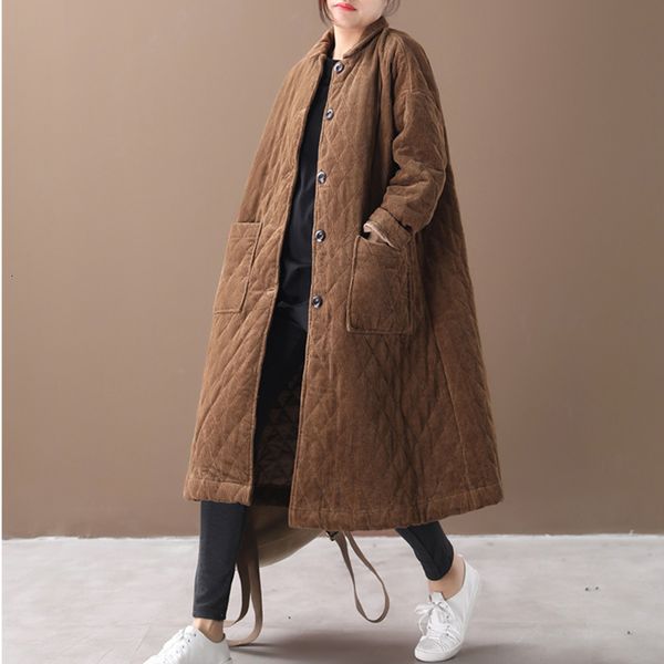 

ewq] 2019 winter new pattern lapel long sleeve solid patchwork pockets vintage loose long warm cotton padded coat women ah59501, Black
