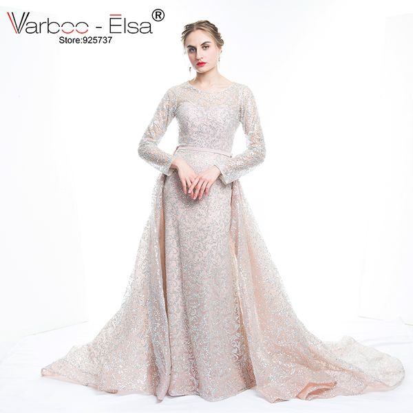 

2018 new arrive glitter sequins evening dress long detachable train party gown long sleeve muslim prom dress arabic, White;black