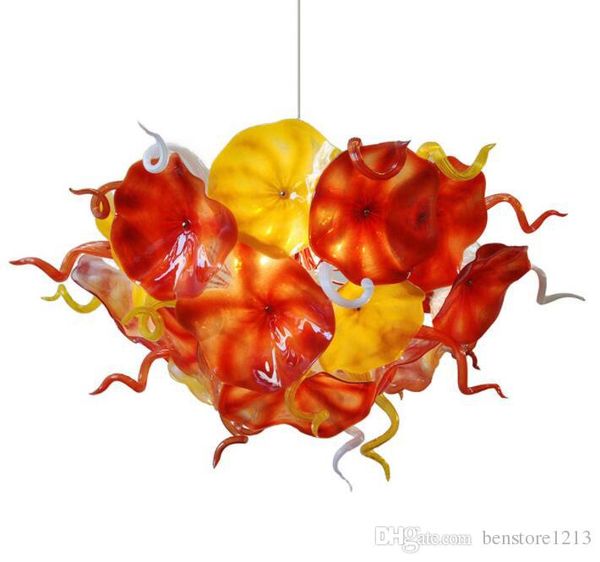 

creative flower plates hand blown glass chandelier lighting orange yellow color chain led light fixture chandeliers