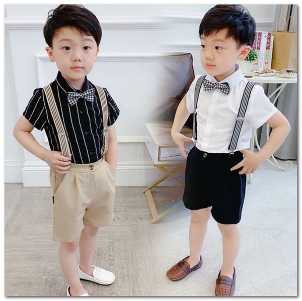 

summer boys performance outfits kids gentleman clothing sets short sleeve shirt+stripe suspender shorts+plaid bows tie 3pcs sets y217, White