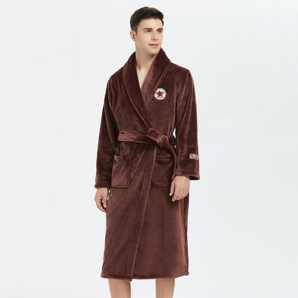 

casual flannel men robe winter warm kimono bathrobe gown lounge homewear soft nightdress sleepwear thicken nightwear nightgown, Black;brown