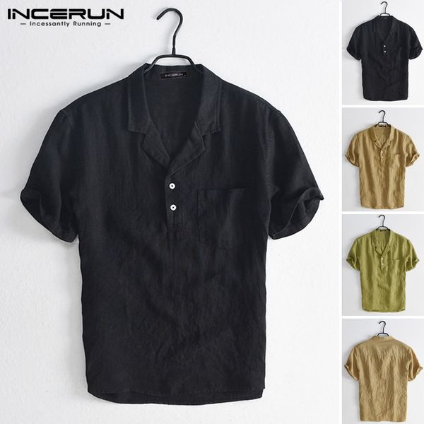 

incerun summer cotton men casual shirt solid color short sleeve streetwear turn down collar blouse harajuku 2020 camisas hombre, White;black