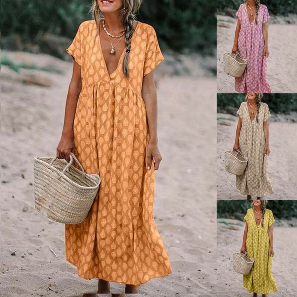 

fashion long maxi beach dress womens boho floral casual baggy tunic dress loose kaftan beach sundress size s-2xl, Black;gray