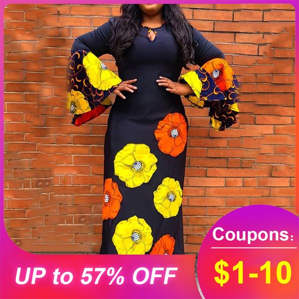 

повседневный сыпучие женщины плюс размер flare рукавом цветочные печати a-line платье длинные maxi женщины платья robe vestiods elegant 2019, Black;pink