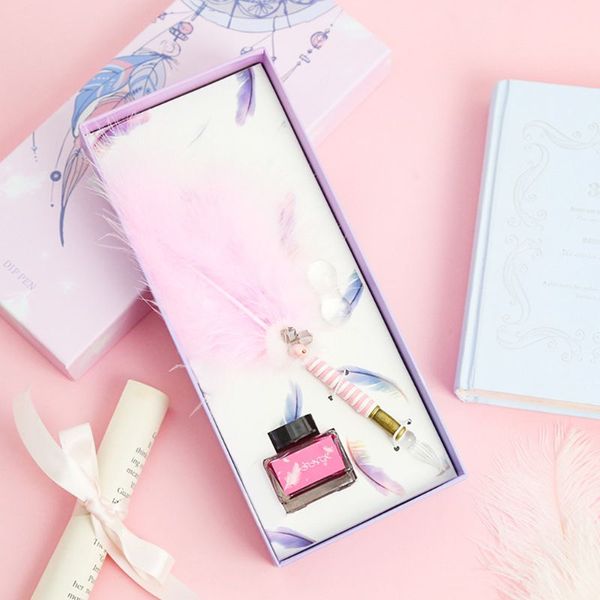 

beautiful feather glass pen dip writing ink quill pens set for school stationery gifts art supplies l41e