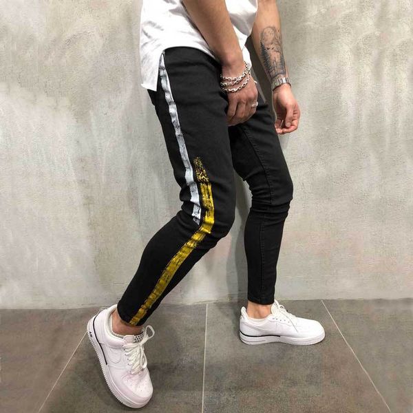 

2019 new fashion streetwear men's jeans vintage black color skinny male destroyed ripped jeans broken homme hip hop denim pants, Blue