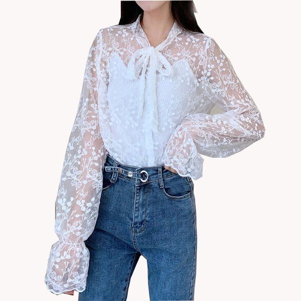 

women's blouses & shirts lace style korean 2021 white apricot bow stand collar shirt female long sleeve clothes 656i