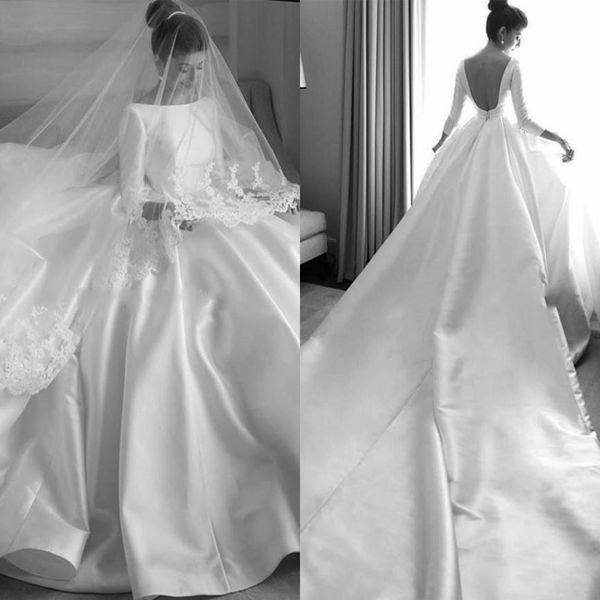 

satin beach wedding dresses vintage bateau low back royal train bridal gowns a line long sleeves wedding dress plus size, White