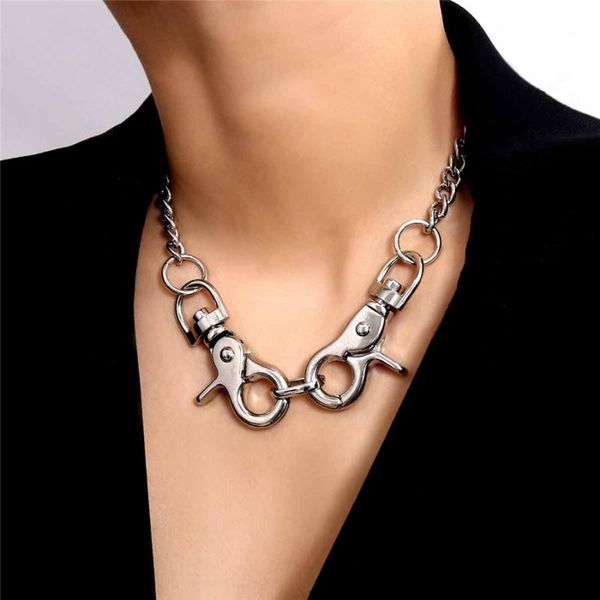 

2020 new rock hip hop retro metal silver multilayer thick hook geometric necklace women's accessories nightclub necklace y20