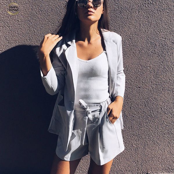 

linen cotton summer suit female 2 pieces set tracksuit for women loose blazer & bow elastic waist short pant suits high quality, White