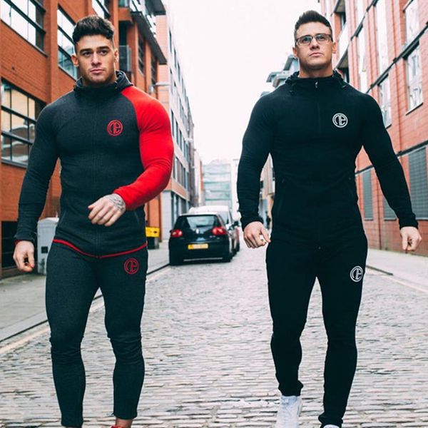 

mens running sportswear sets sweatshirt sweatpants gym fitness bodybuilding hoodies pants male jogging workout tracksuits, Black;blue